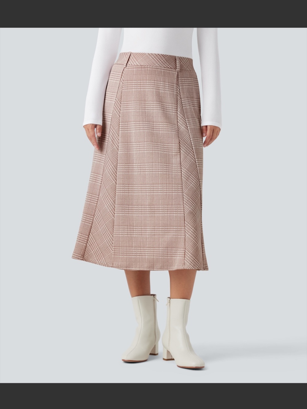High Waisted A Line Houndstooth Plaid Midi Work Skirt with Pockets Black